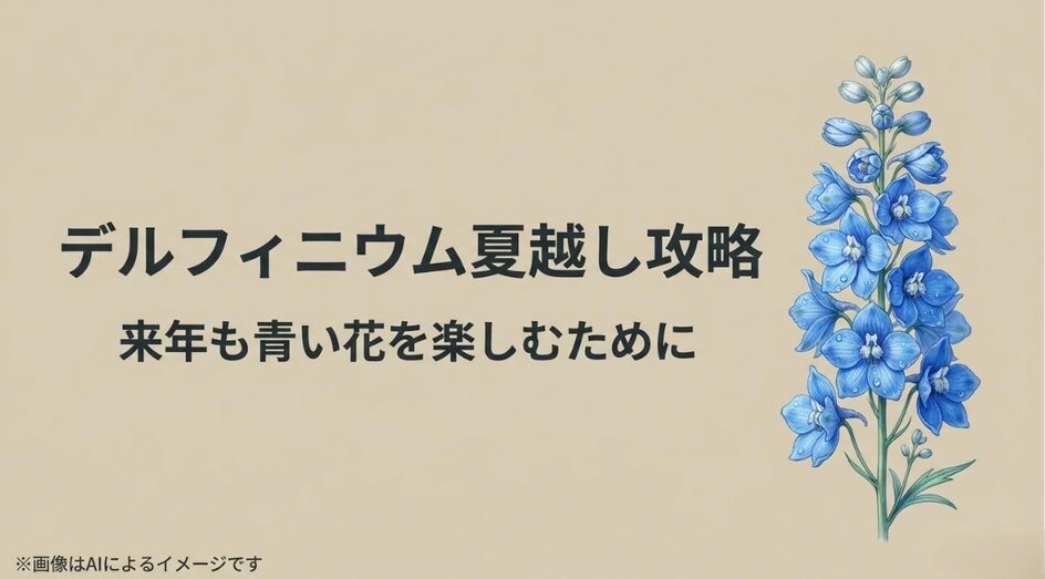 美しく咲く青いデルフィニウムのイラストと、夏越し攻略を伝えるタイトル画像