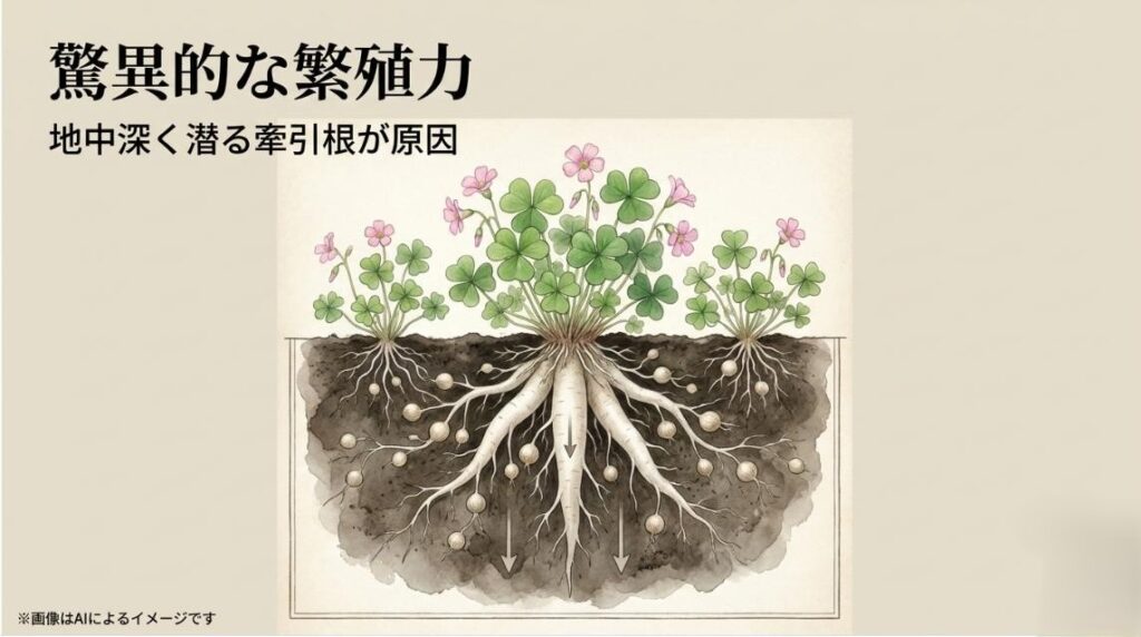 地中深くへと伸びる太い牽引根と周囲に広がる無数の球根を描いた解説イラスト