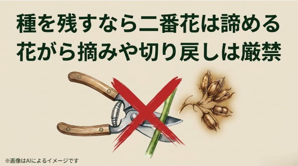 園芸用ハサミに赤いバツ印がつけられ、茶色く乾燥した種さやが描かれた、切り戻し禁止を伝える注意喚起の画像