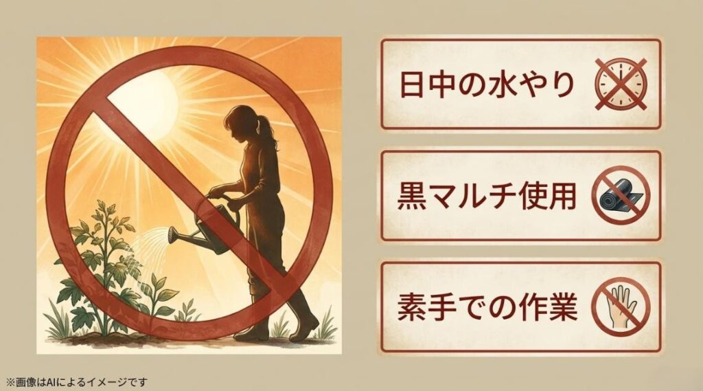 真夏の日中の水やりなど、デルフィニウム栽培で避けるべき行動を示す禁止マークのイラスト