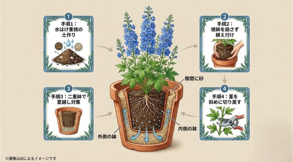 水はけの良い土作り、根鉢を崩さない植え付け、二重鉢での夏越し対策、茎の斜め切り戻しという4手順をまとめた図解スライド
