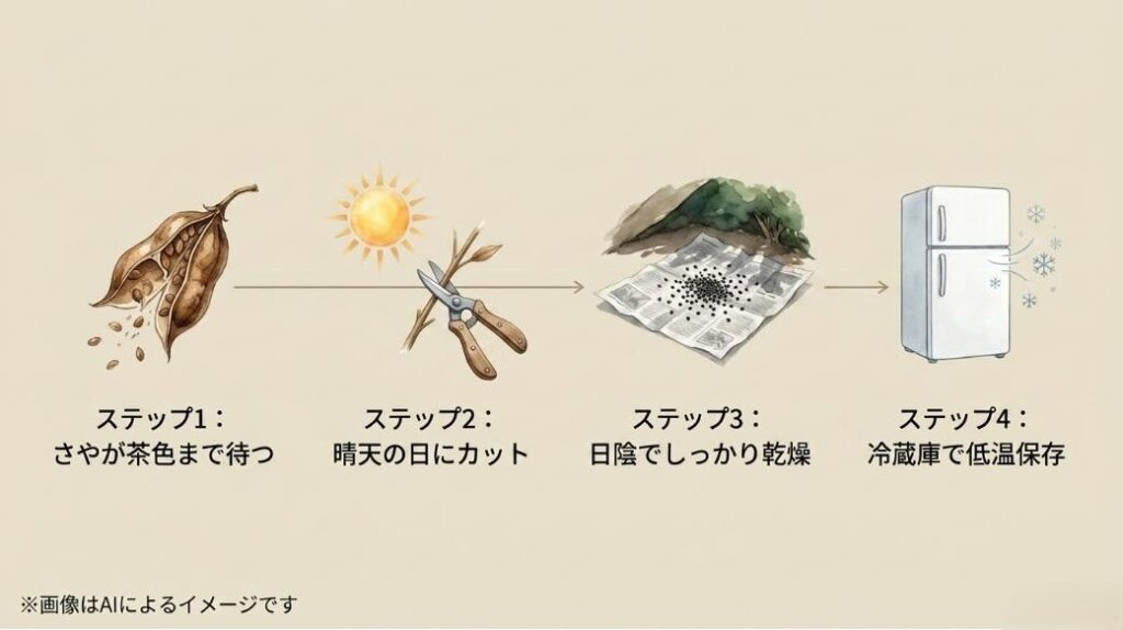 新聞紙の上で種を乾燥させる様子と、冷蔵庫へ保存する流れを4つのステップで解説したイラスト