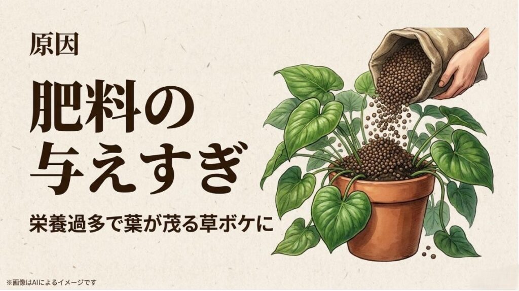 鉢植えの植物に大量の肥料を与えているイラストと、栄養過多で葉ばかりが茂る草ボケの原因を説明したスライド
