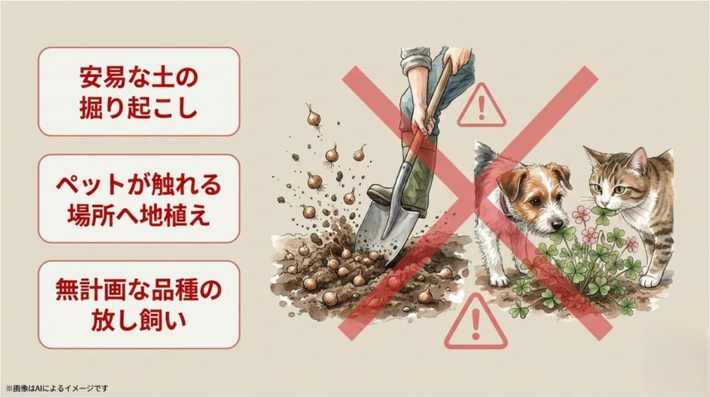 土の雑な掘り起こしやペットが触れる場所への地植えを禁止する警告マーク付きイラスト