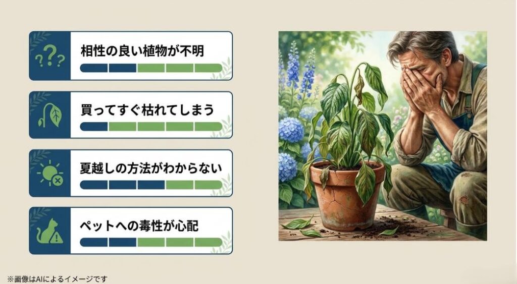 相性の不明さ、すぐ枯れる、夏越し、ペットへの毒性という4つのよくある悩みをリスト化したスライド