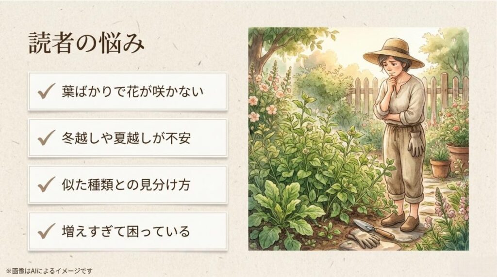 庭で困り顔をしている女性のイラストと、花が咲かない、冬越しへの不安、増えすぎなどオキザリスに関する読者の悩みをまとめたスライド
