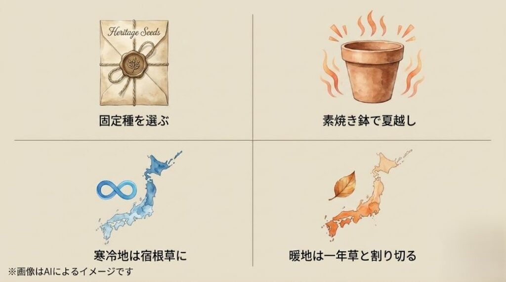 固定種のシードパッケージ、素焼き鉢、日本地図を用いて地域に合った育て方のポイントをまとめた画像