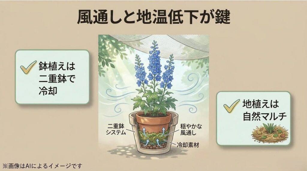 外鉢と内鉢の間に冷却素材を詰め、風通しと気化熱で地温を下げる二重鉢構造のイラスト