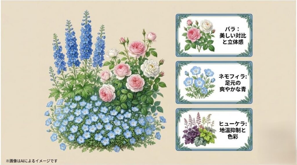 バラによる立体感、ネモフィラによる足元の青、ヒューケラによる地温抑制など、相性の良い植物の組み合わせ例