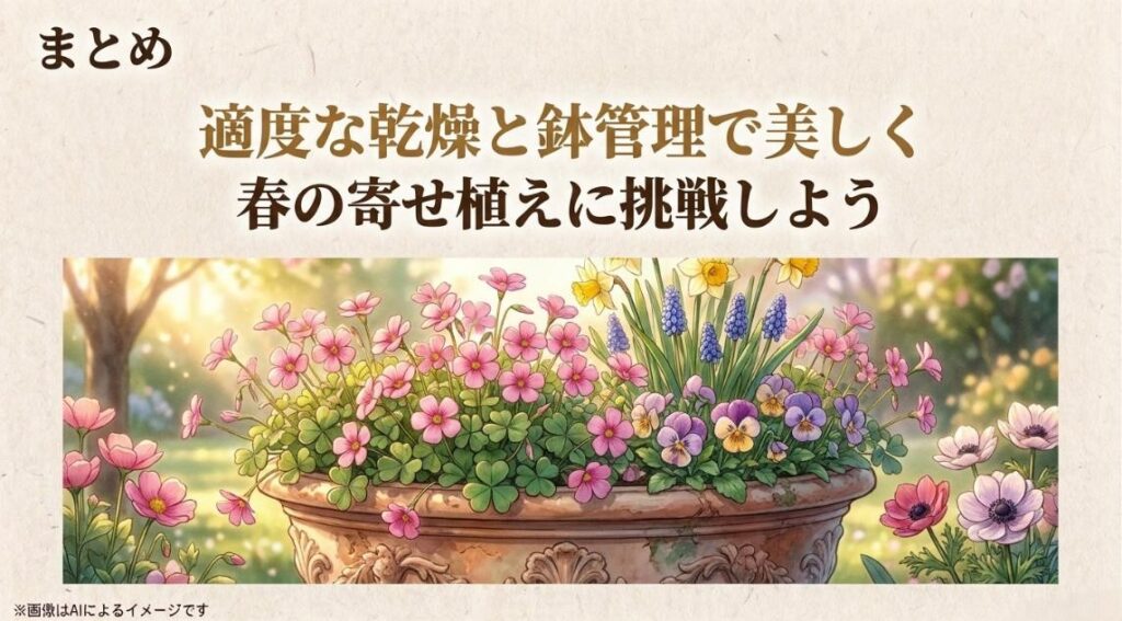 花壇を彩る美しい寄せ植えのイラストと、適度な乾燥と鉢管理で春の寄せ植えに挑戦しようというまとめのメッセージ