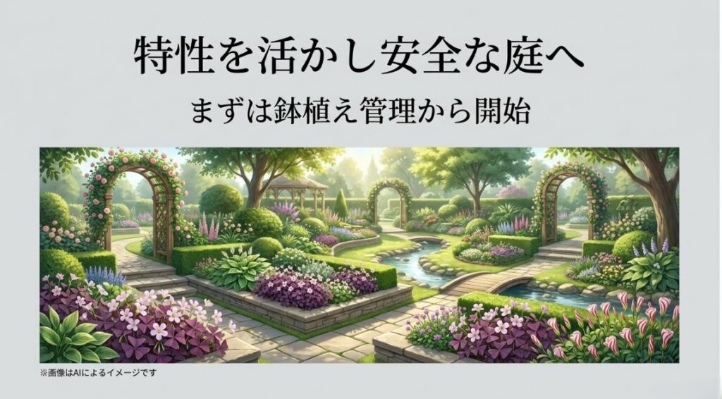 カラーリーフや花々が美しく調和された、安全に管理されたガーデン風景のイラスト