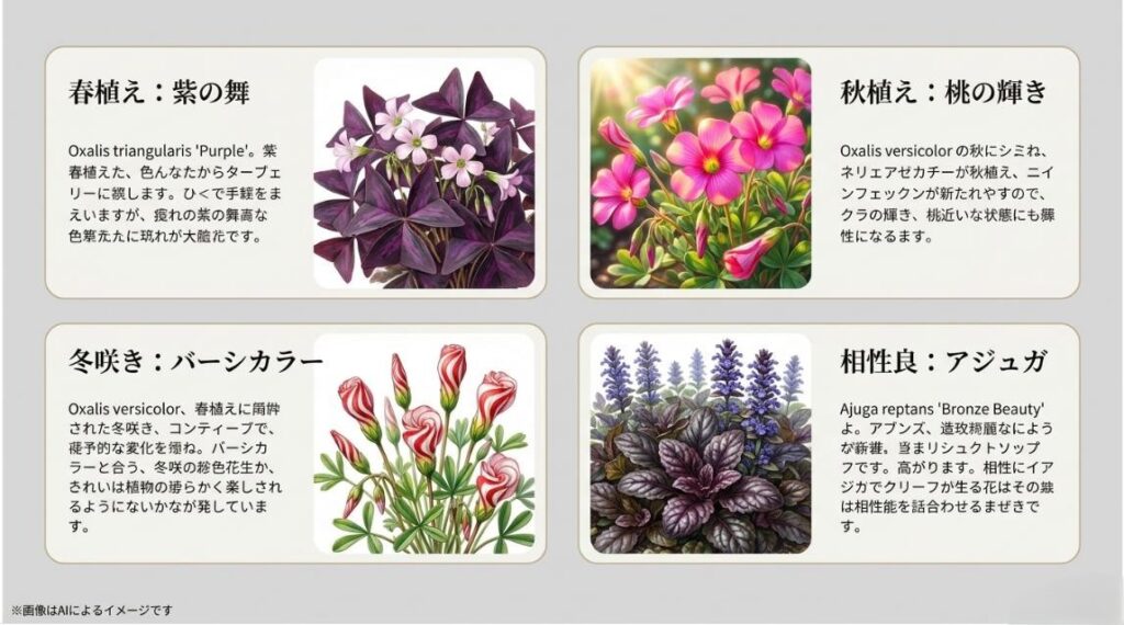 トリアングラリス（紫の舞）、桃の輝き、バーシカラー、アジュガの特徴と見た目を比較した画像